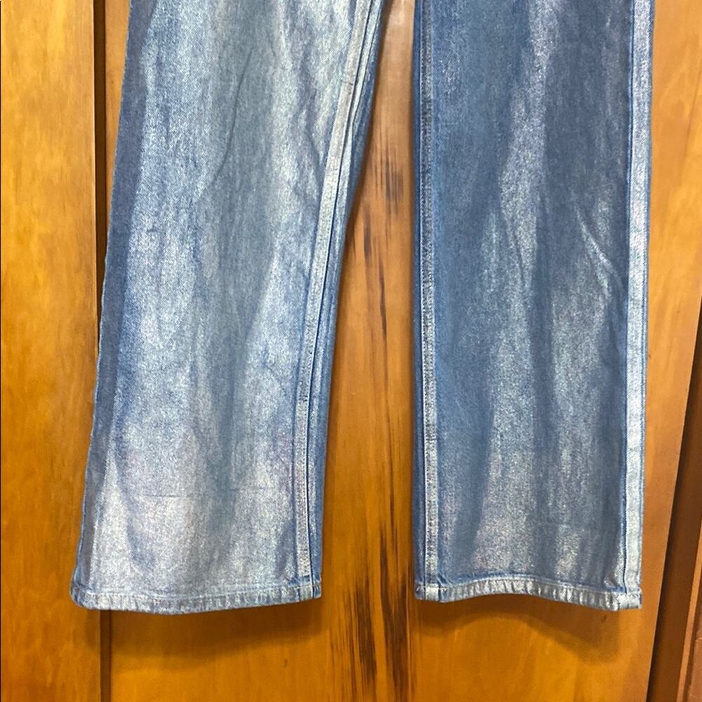 Forever 21 Wide Leg Jeans High Rise Metallic Silvery Iridescent 31” Inseam Denim - Picture 3 of 9